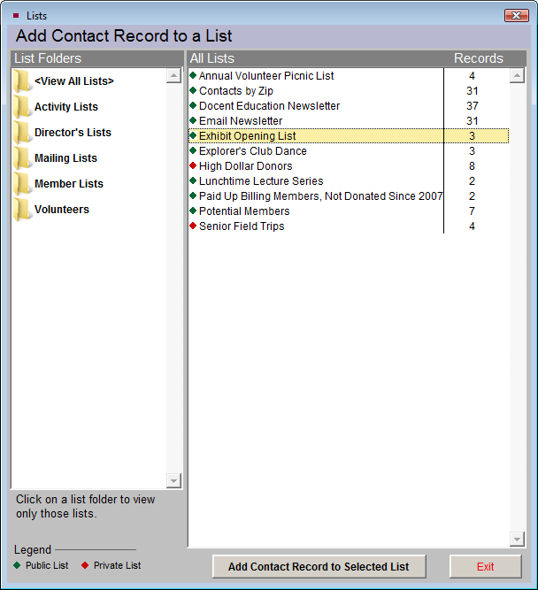 image of the Add Contact Record to a List screen with Exhibit Opening List selected