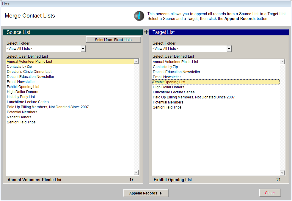 image of the Merge Contact Lists screen