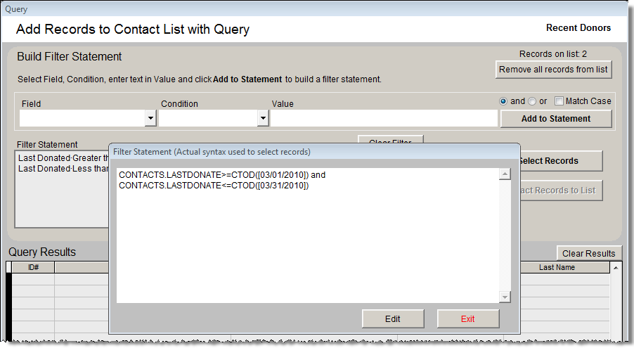 image of the Query screen with the Modify Filter Statement window open