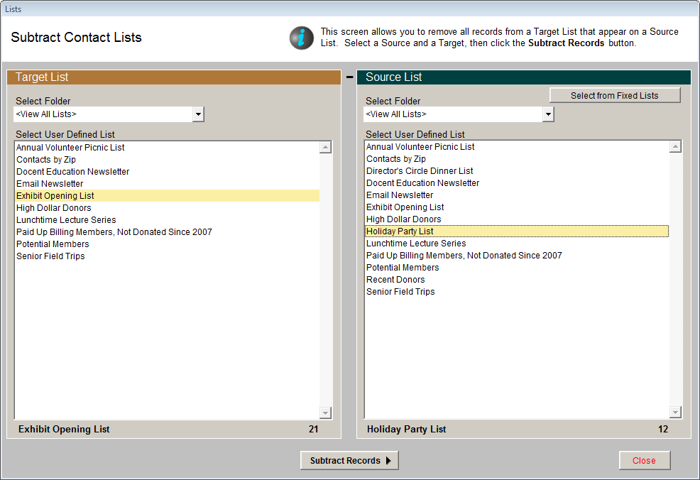 image of the Subtract Contact lists screen