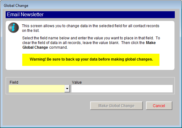 image of the Global Change screen