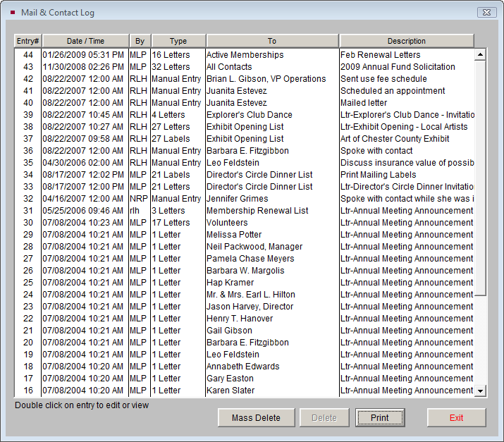 image of the Mail & Contact Log screen