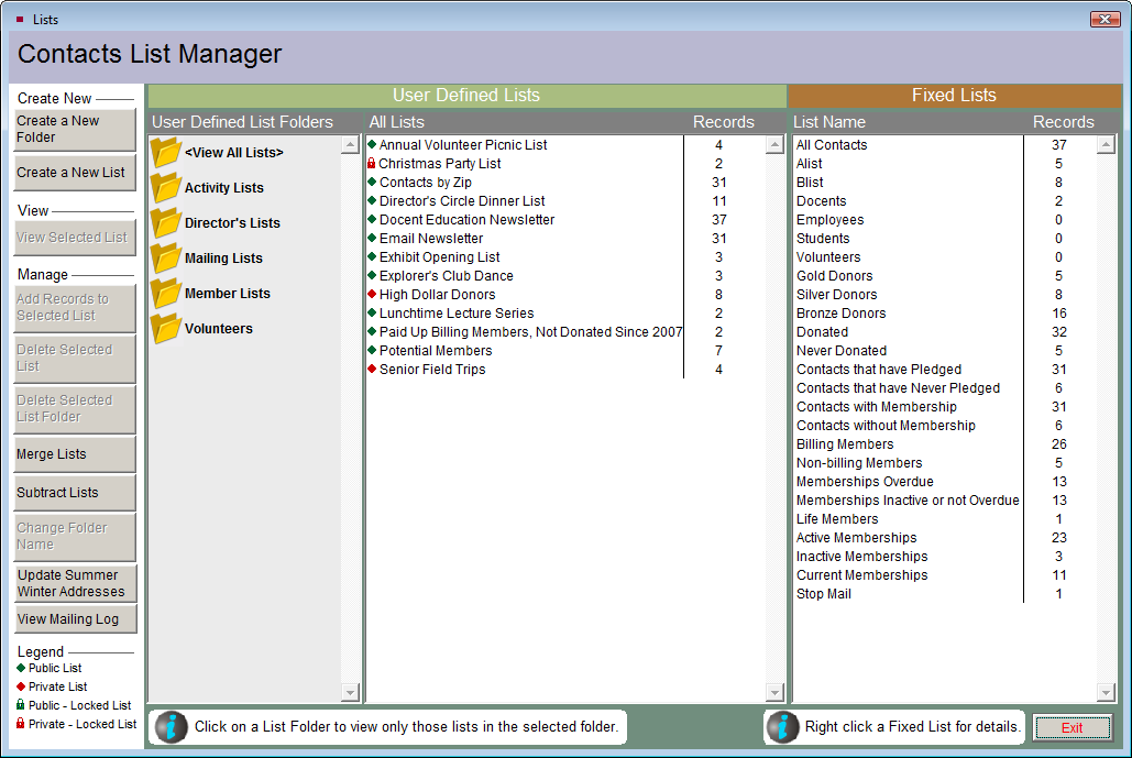 image of the Contact List Manager screen
