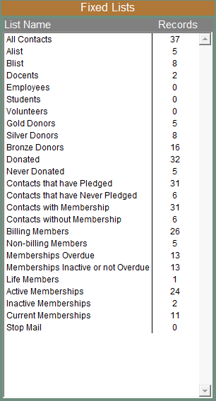 detail image of the Fixed Lists section of the Contact List Manager screen