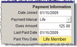 detail image of the Payment Information section of the Contact screen with a Life Member flag
