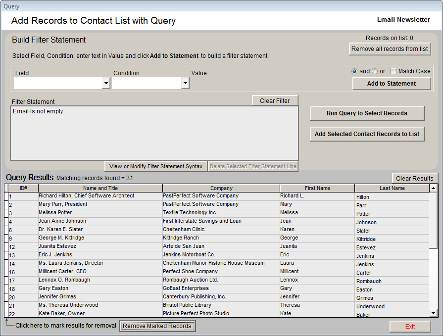 image of the Query screen with 31 matching results in the Query Results section