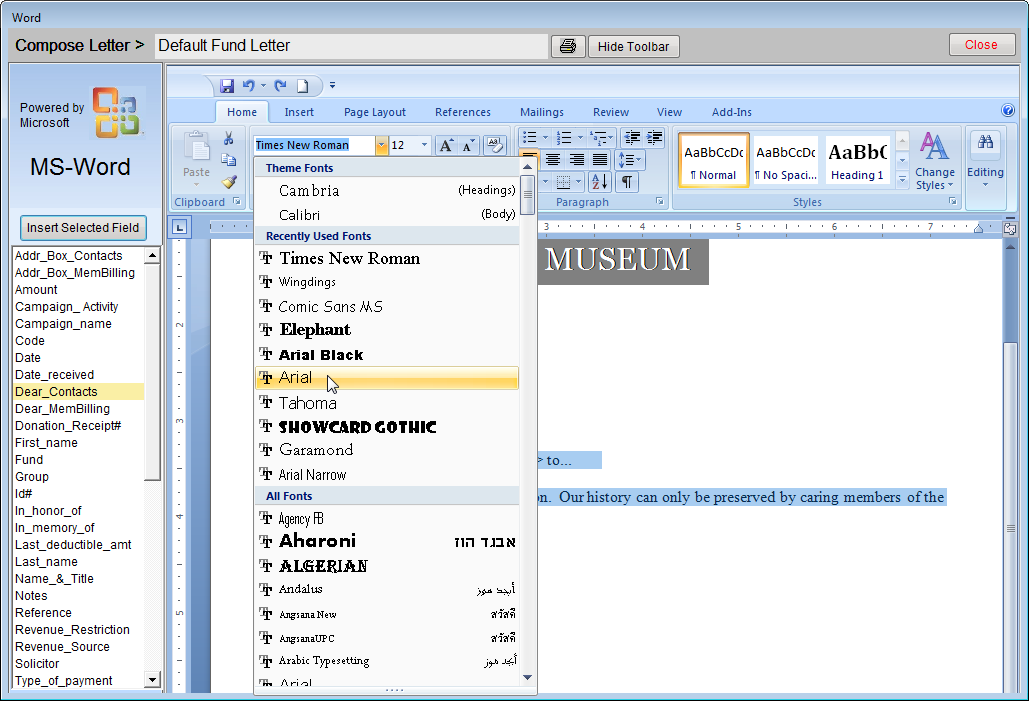 image of the MS-Word interface with the default fund letter selecting font