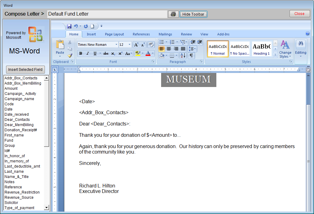image of the MS-Word interface with the default fund letter with arial font