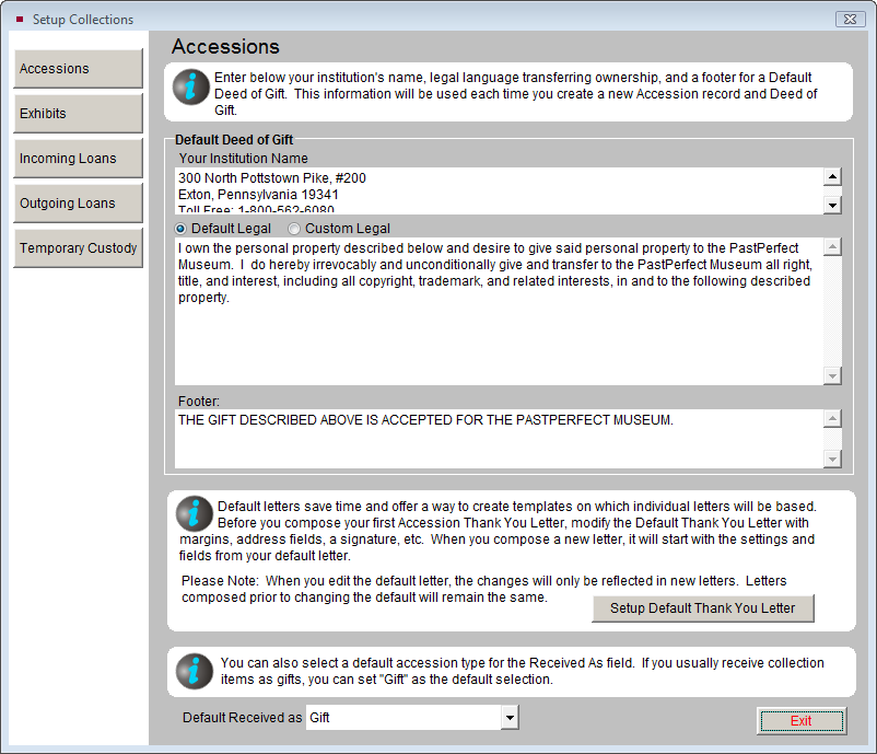 image of the Accession section of the Setup Collections screen