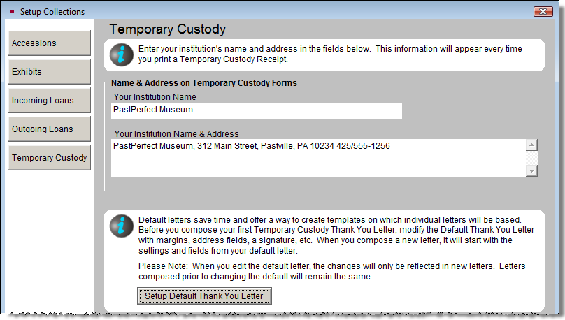 image of the temporary custody section of the Setup Collections screen