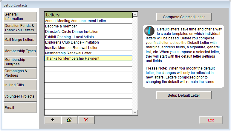 image of the Mail Merge Letters section of the Setup Contact screen