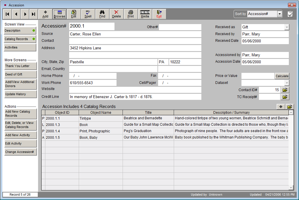 image of the Accession screen
