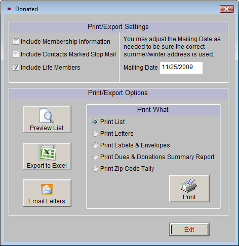 image of the Print/Export screen with Include Life Members checked