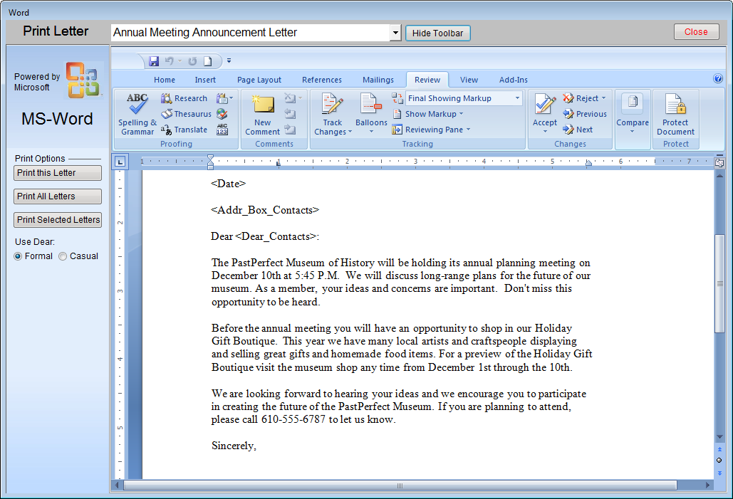 image of the MS-Word interface with the Annual Meeting Announcement Letter