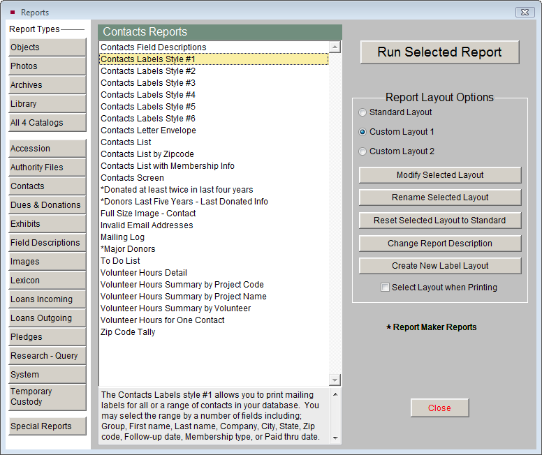 image of the Contacts Reports screen with Contacts Labels Style #1 selected