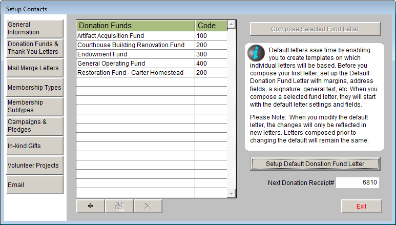 image of the Donations Funds & Thank you letters section of the Setup Contacts screen