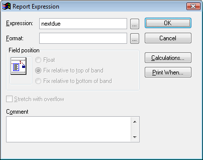 image of the Report Expression screen with nextdue in the Expression field