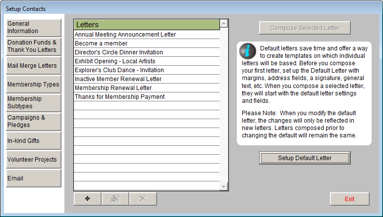 image of the Mail Merge Letters section of the Setup Contacts screen