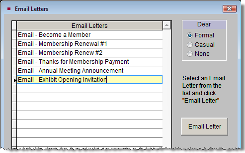 image of the Email Letters selection screen