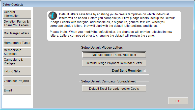 image of the Campaigns & Pledges section of the Setup Contacts screen