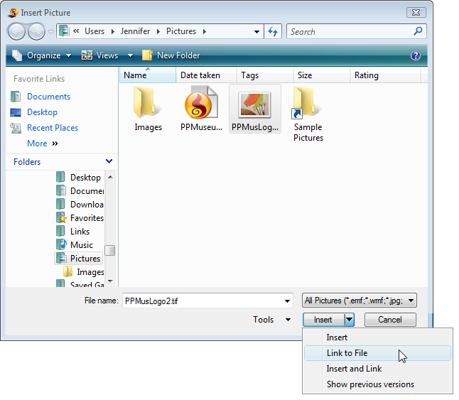 image of the MS-Word insert picture screen with the Link to File insert option chosen