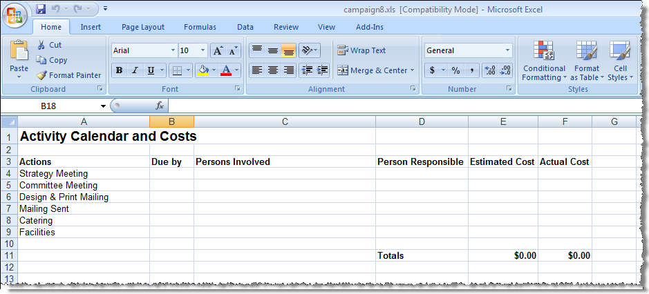 detail image of the Excel Spreadsheet for a Campaign