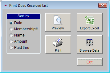 image of the Print Dues Received List screen