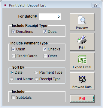 image of the Print Batch Deposit List screen