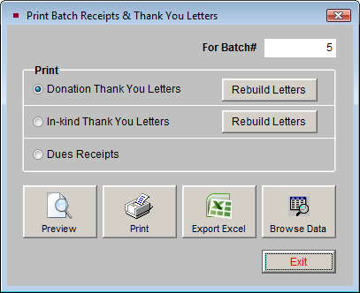 image of the Print Batch Receipts & Thank You letters screen