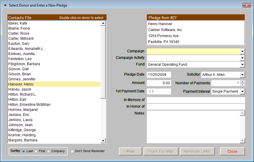 image of the Select donor and Enter a new pledge screen