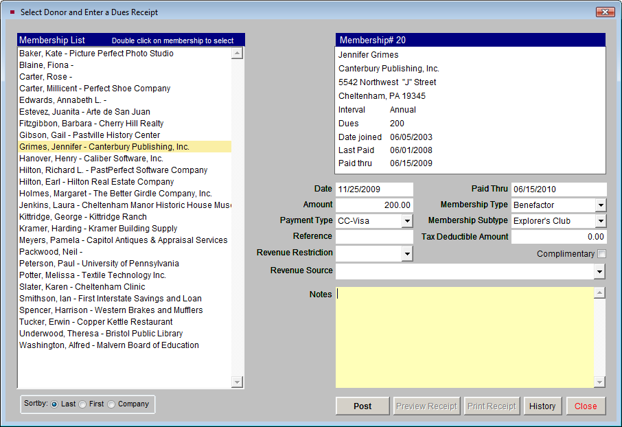 image of the Select Donor and Enter a Dues Receipt screen