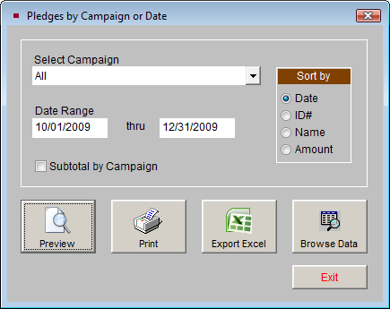 image of the print pledges by campaign or date screen