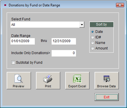 image of the print donations by fund or date range screen