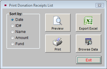 image of the Print Donation Receipts List screen