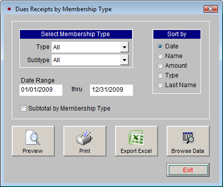 image of the Print Dues Receipts by Membership Type screen