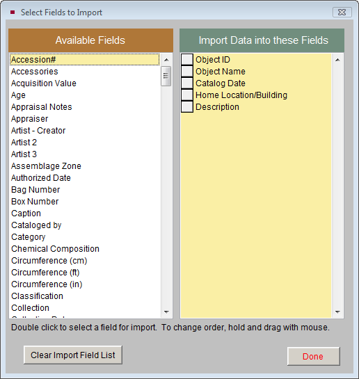 image of the select fields to import screen