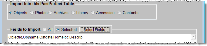 detail image of the import screen with Objectid,Objname,Catdate,Homeloc,Descrip filled in in the fields to import field