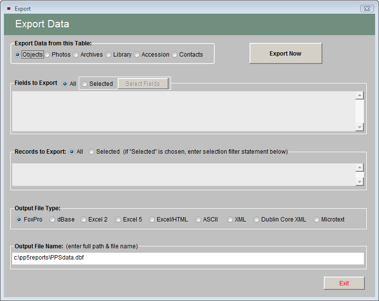 image of the Export Data screen