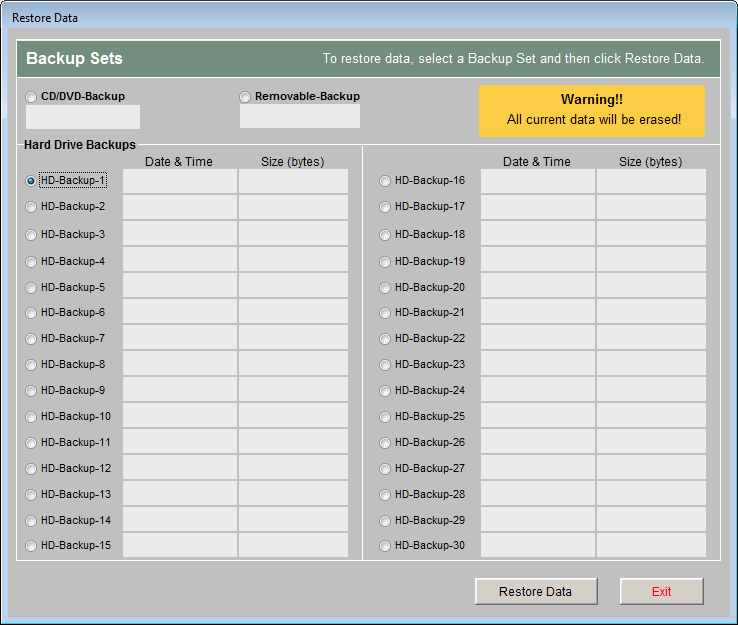 image of the Restore Data screen
