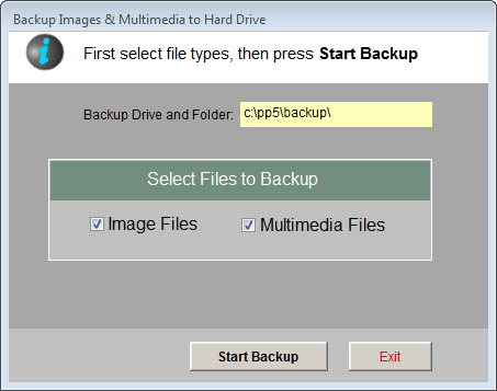 image of the Backup Images & Multimedia to Hard Drive screen