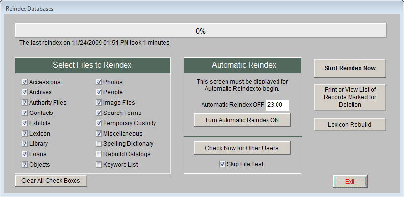 image of the Reindex screen with default options selected