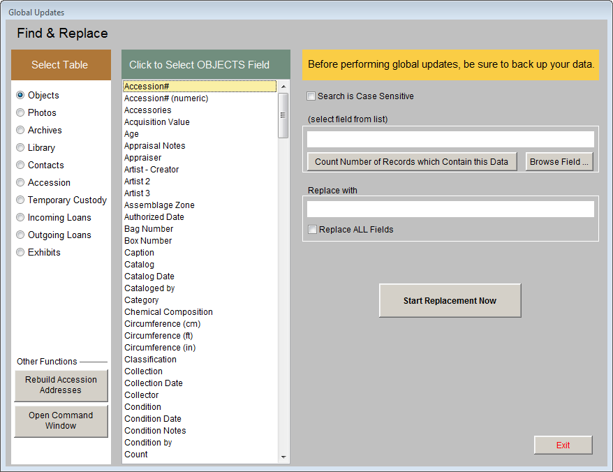 image of the Global Updates screen with Objects and Accession# selected
