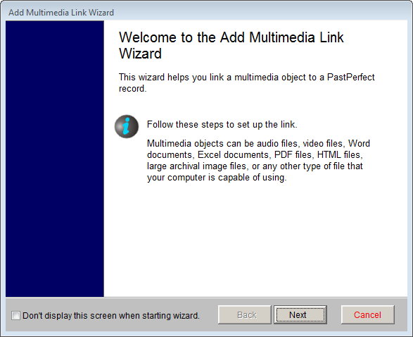 image of the Add MultiMedia Link Wizard screen