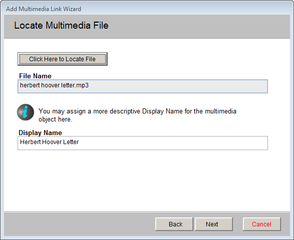 image of the Locate MultiMedia file screen