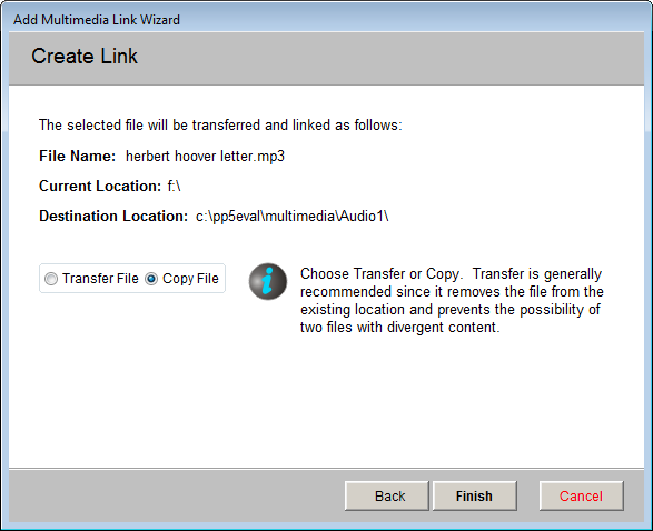 image of the Create Link screen with copy file selected
