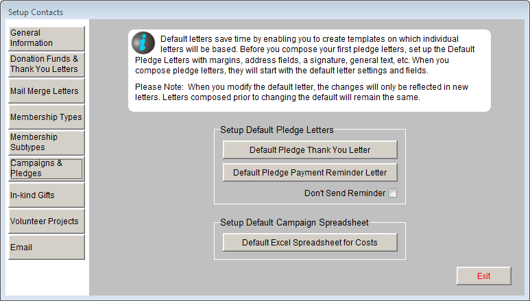 image of the Setup Campaigns & Pledges screen under Setup Contacts