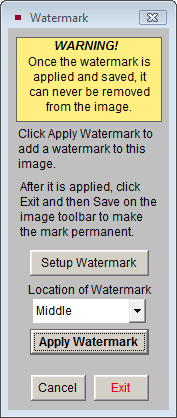 image of the Watermark screen with a warning that once a watermark is applied and saved, it can never be removed from the image