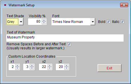 screen shot of the Watermark Setup screen