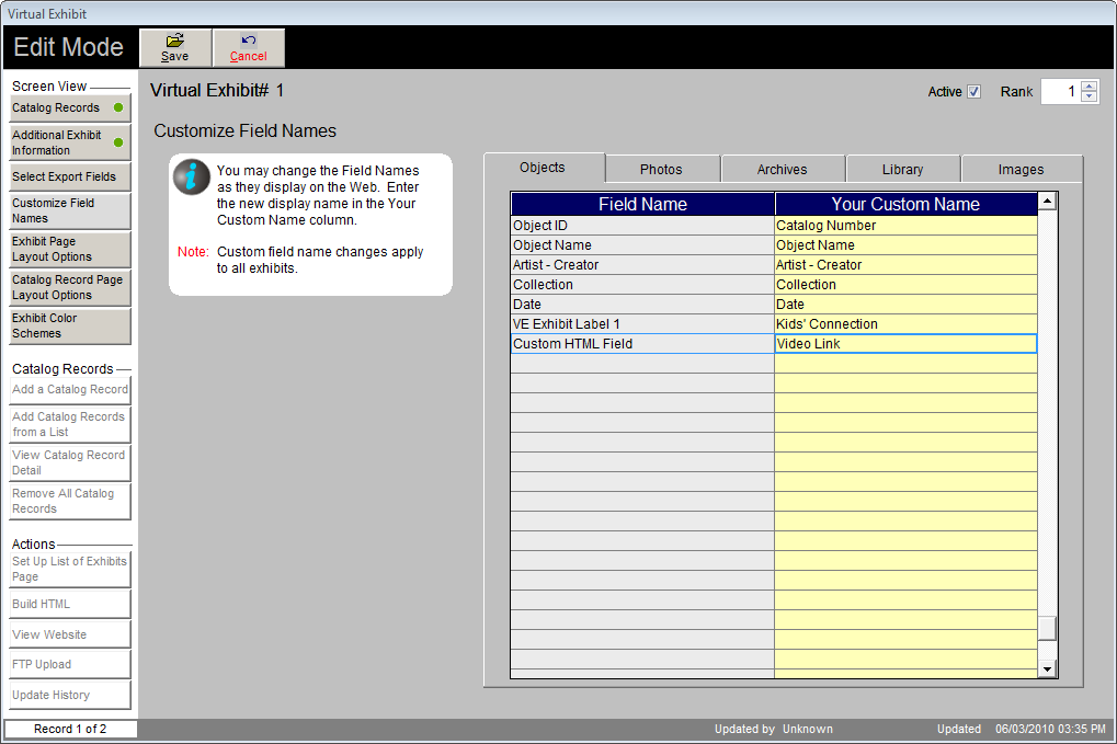 screen shot of Customize Field Names screen