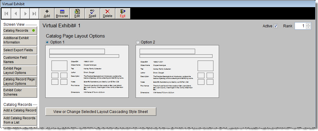 screen shot of the Catalog Record Page Layout Options screen